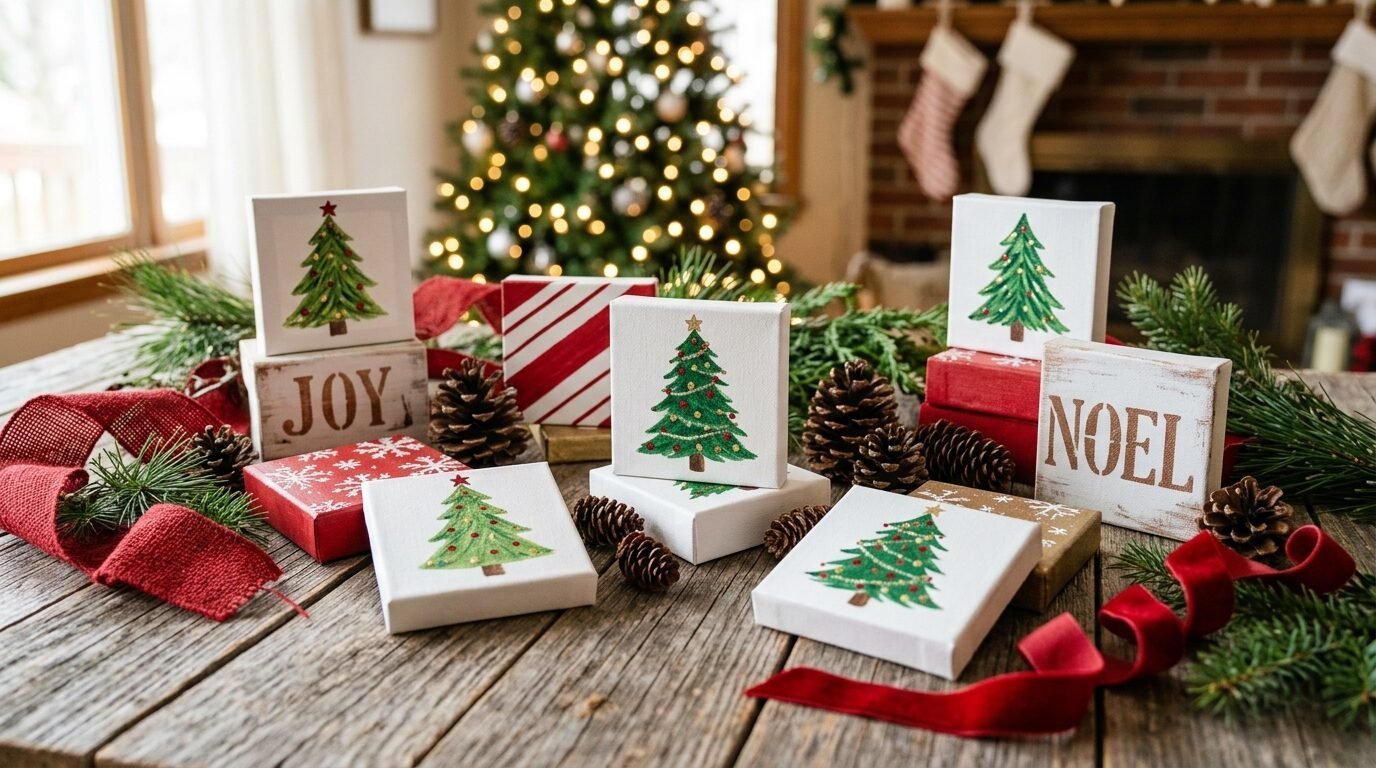 Decorative holiday blocks featuring tree illustrations, pinecones, and red ribbon on a weathered wooden surface.