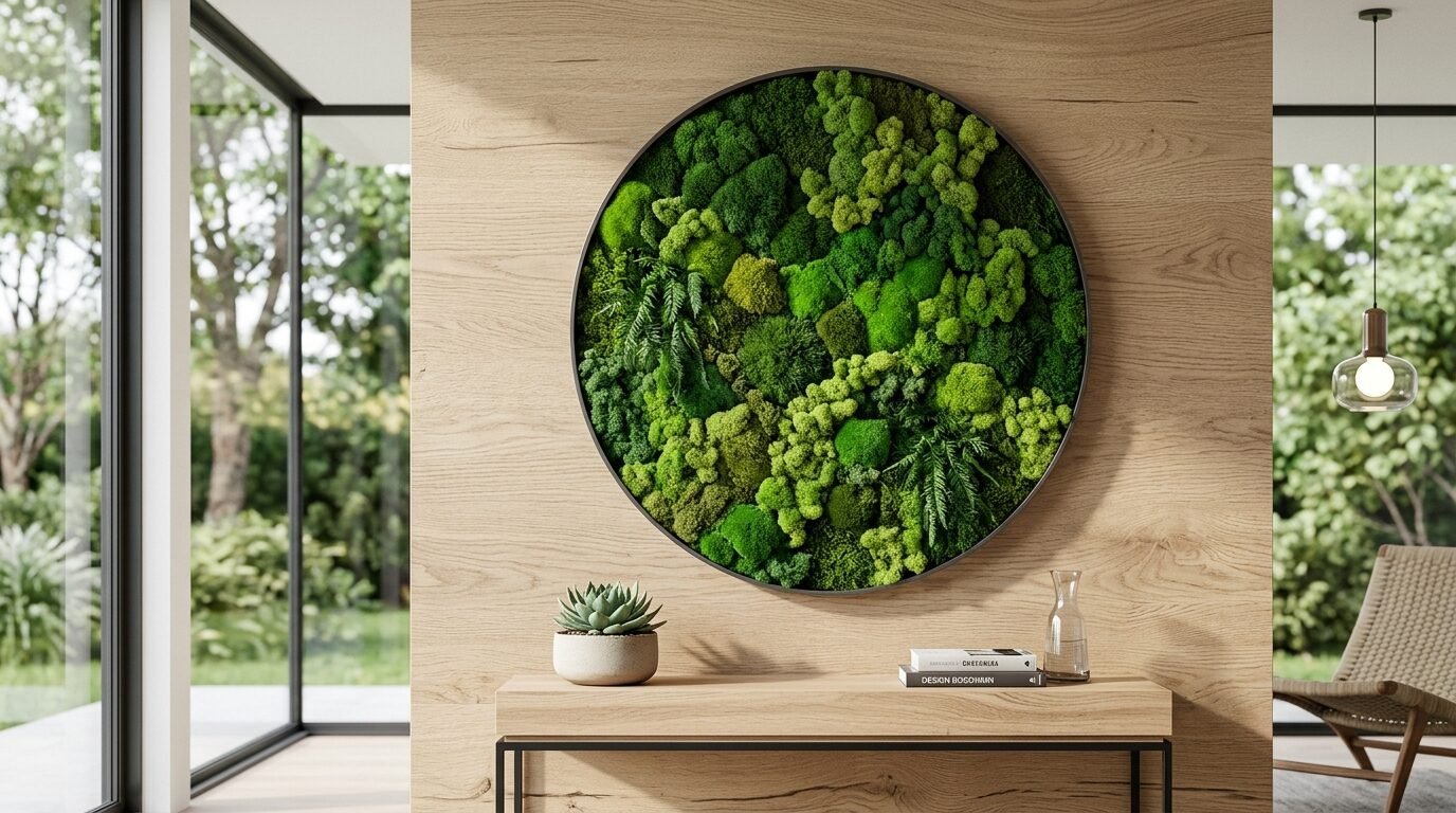 Round preserved moss art piece mounted above a wooden console table with plants and books.