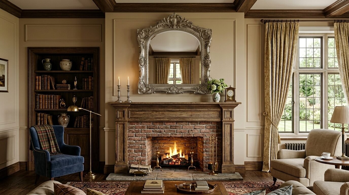 An ornate silver mirror hanging above a brick fireplace in a warm library style room with blue and beige chairs.