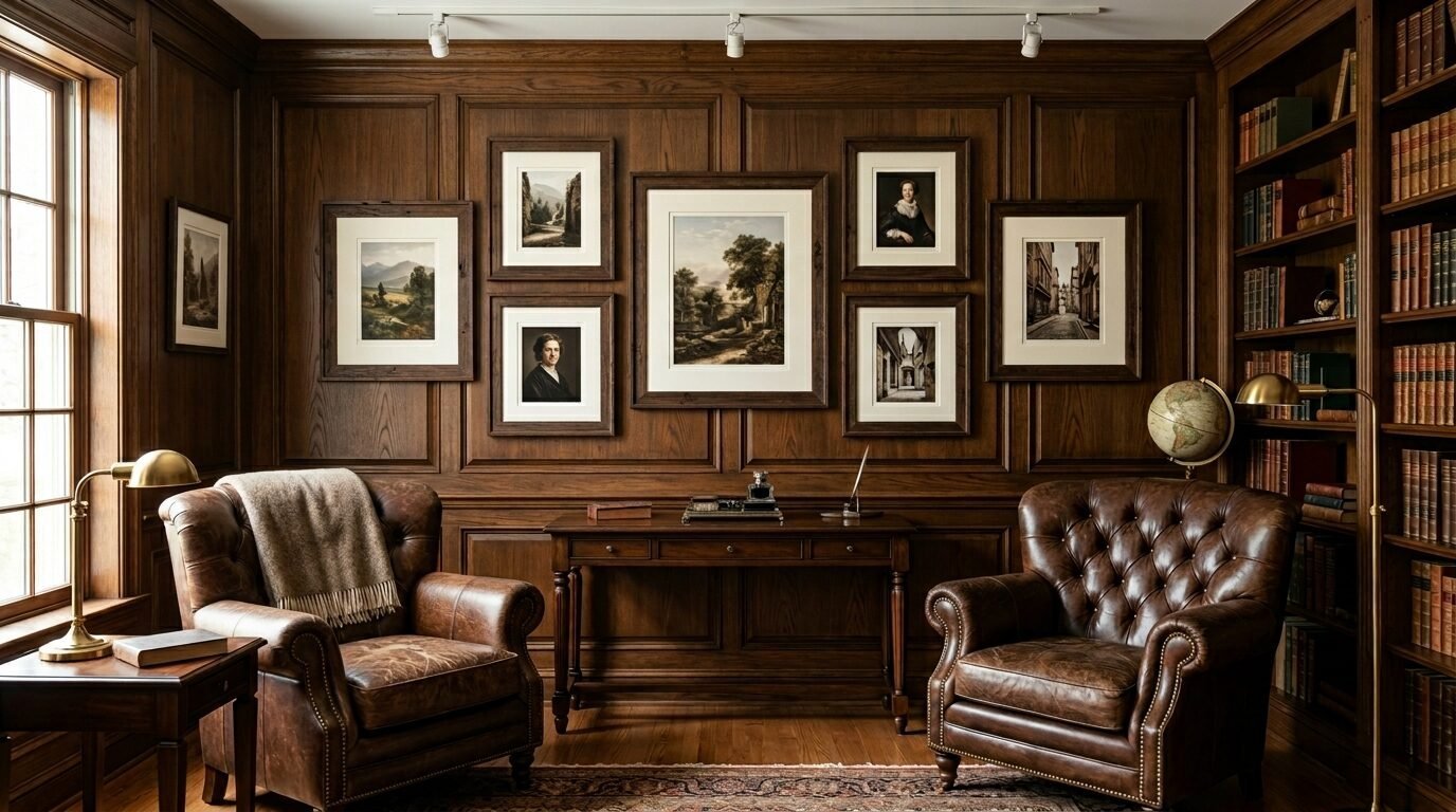 Two brown leather armchairs sit in a study with dark wood paneled walls, framed artwork, and a built-in bookshelf.