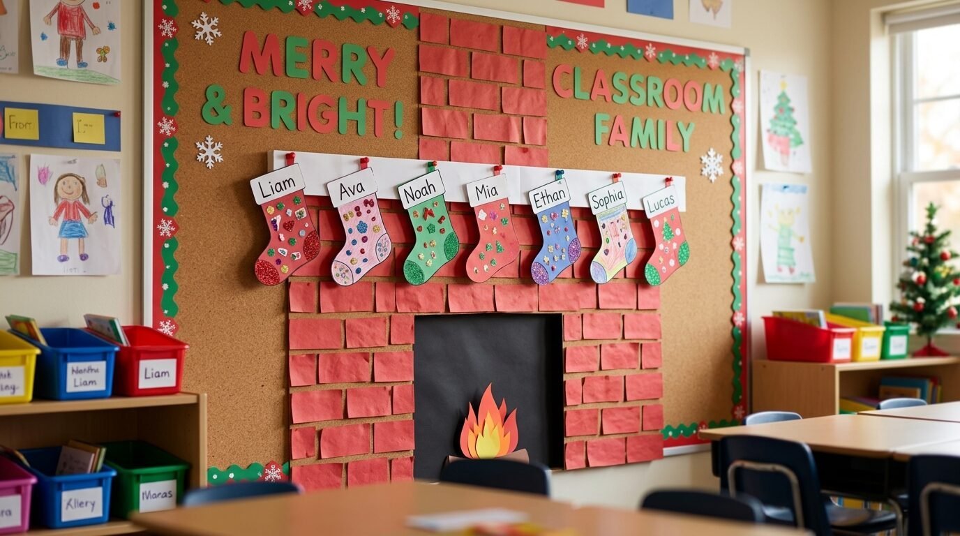 Decorative paper fireplace display on a cork bulletin board featuring personalized name stockings for students.