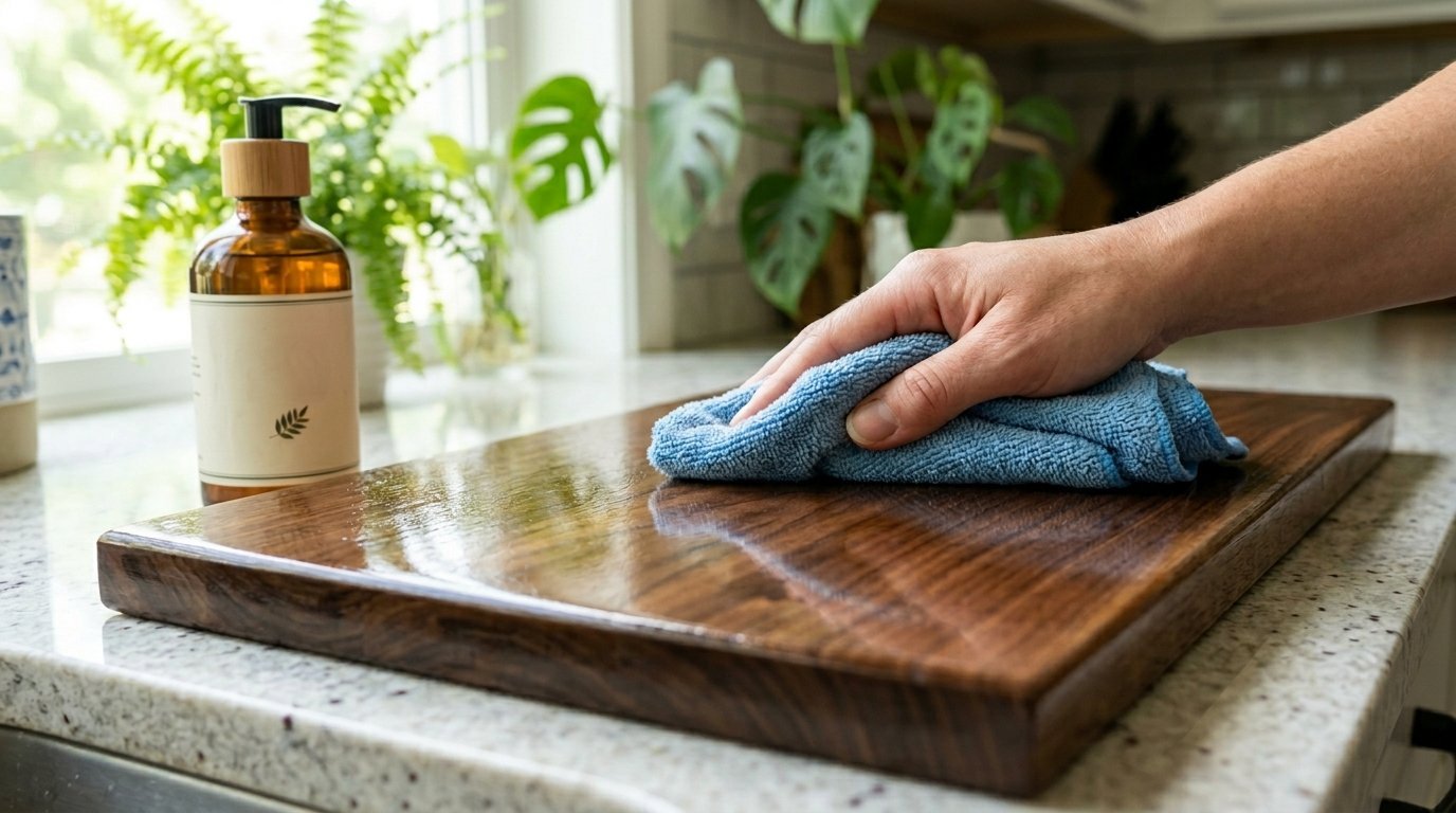 Hand using a blue microfiber cloth to clean a shiny dark walnut cutting board on a granite countertop.