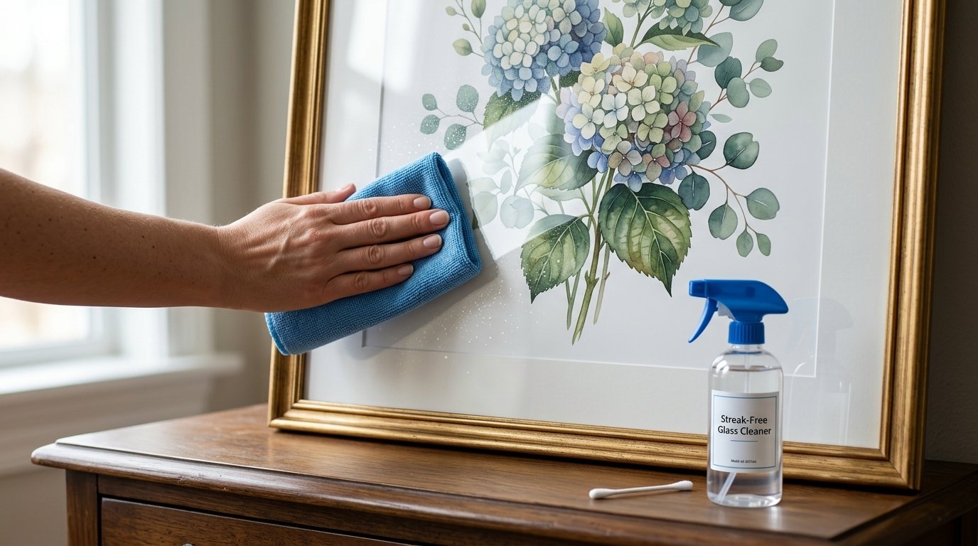 Close-up of a hand using a blue microfiber cloth to clean a glass-covered hydrangea print.