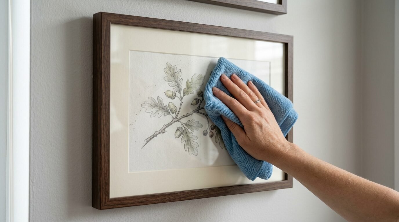 Close-up of a hand using a blue microfiber cloth to clean the glass of a picture frame containing a botanical drawing.