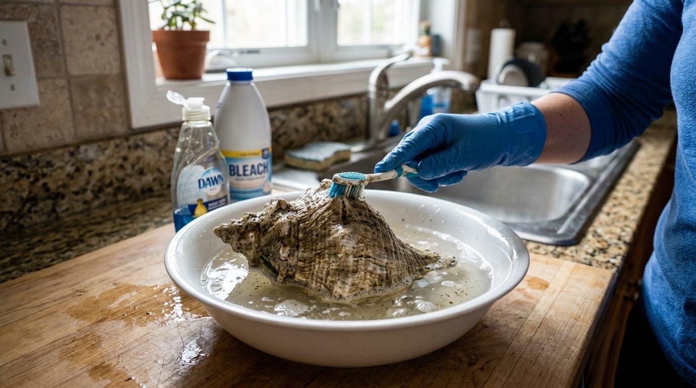 Gloved hand using a toothbrush to clean a textured seashell submerged in a bowl of soapy water on a kitchen counter.
