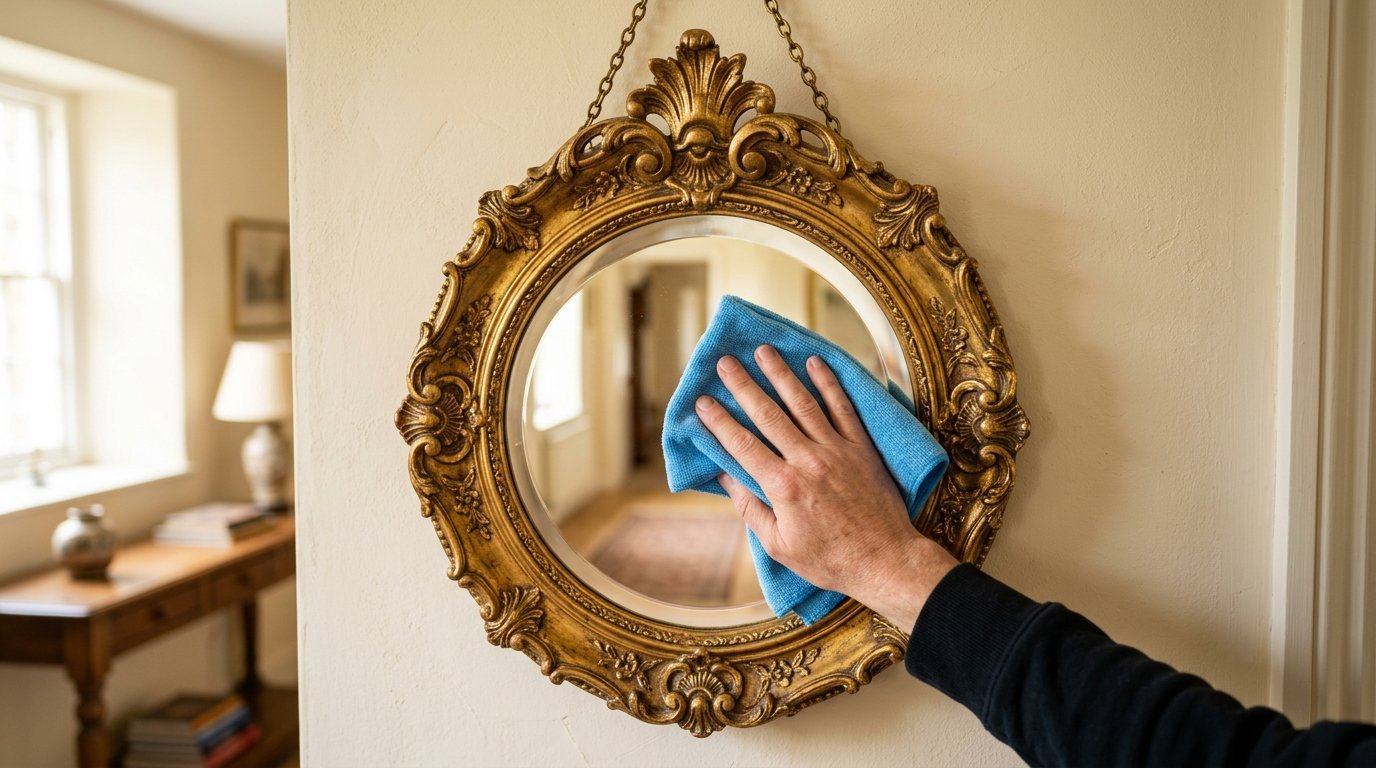 Close up of a person using a blue microfiber cloth to clean a decorative gilded wall mirror.