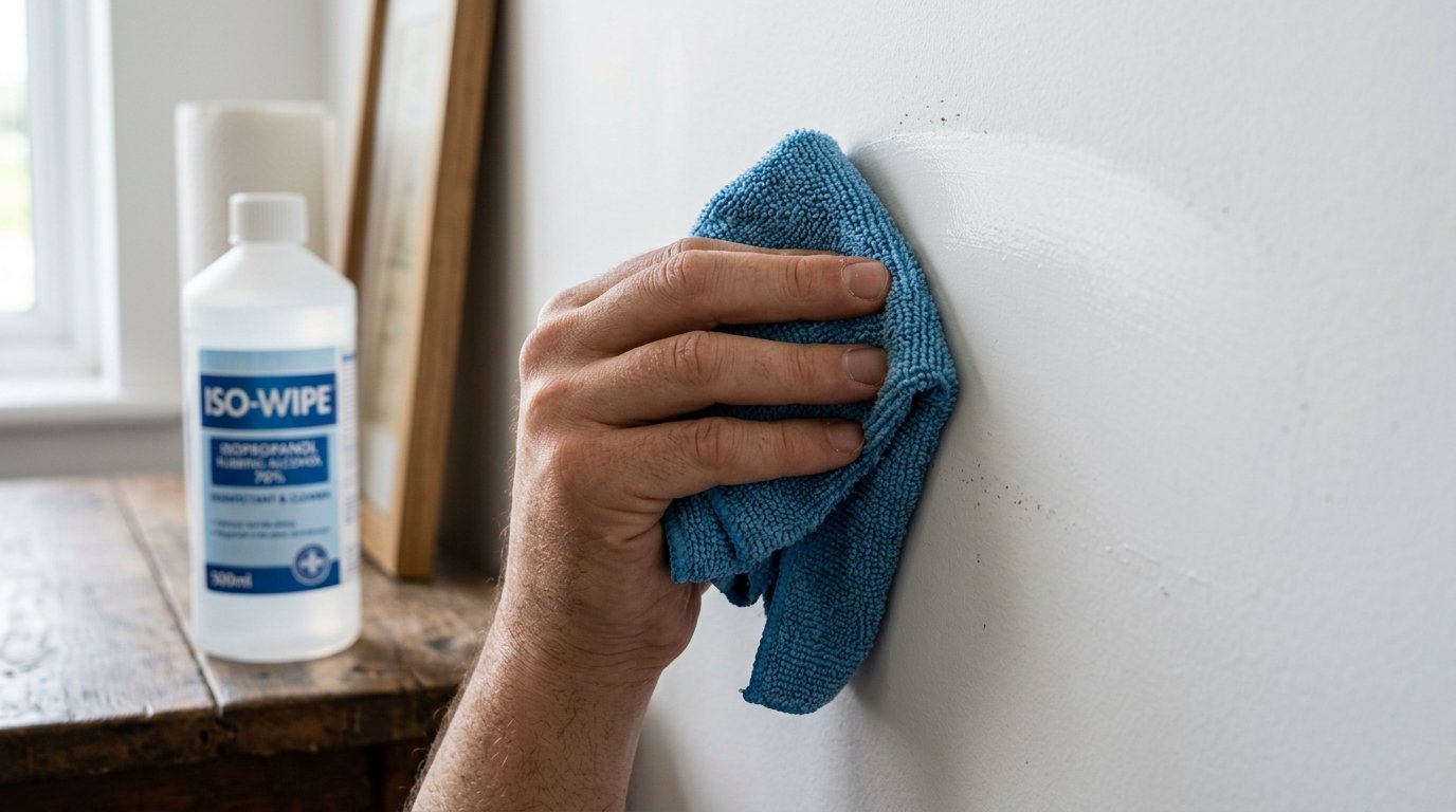 A hand uses a blue cloth and rubbing alcohol to remove dirt from a painted white wall.
