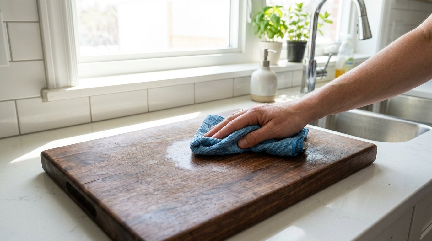 Close up of a person using a blue microfiber cloth to clean a large dark wood chopping board on a white counter.