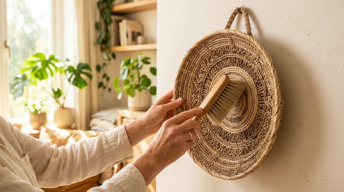 Close up of hands using a soft bristle brush to dust a circular seagrass wall hanging.
