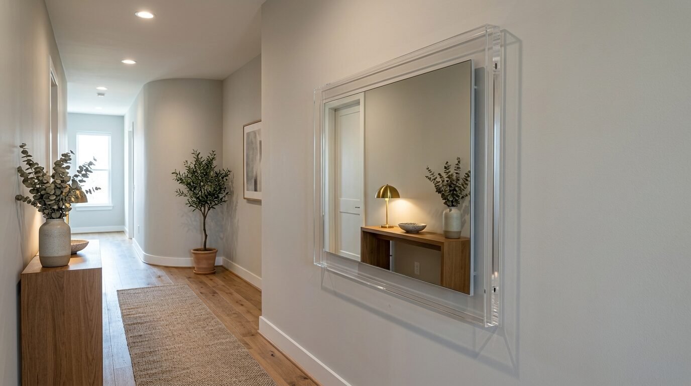 Rectangular mirror with thick transparent frame mounted on a gray hallway wall reflecting a console table and lamp.
