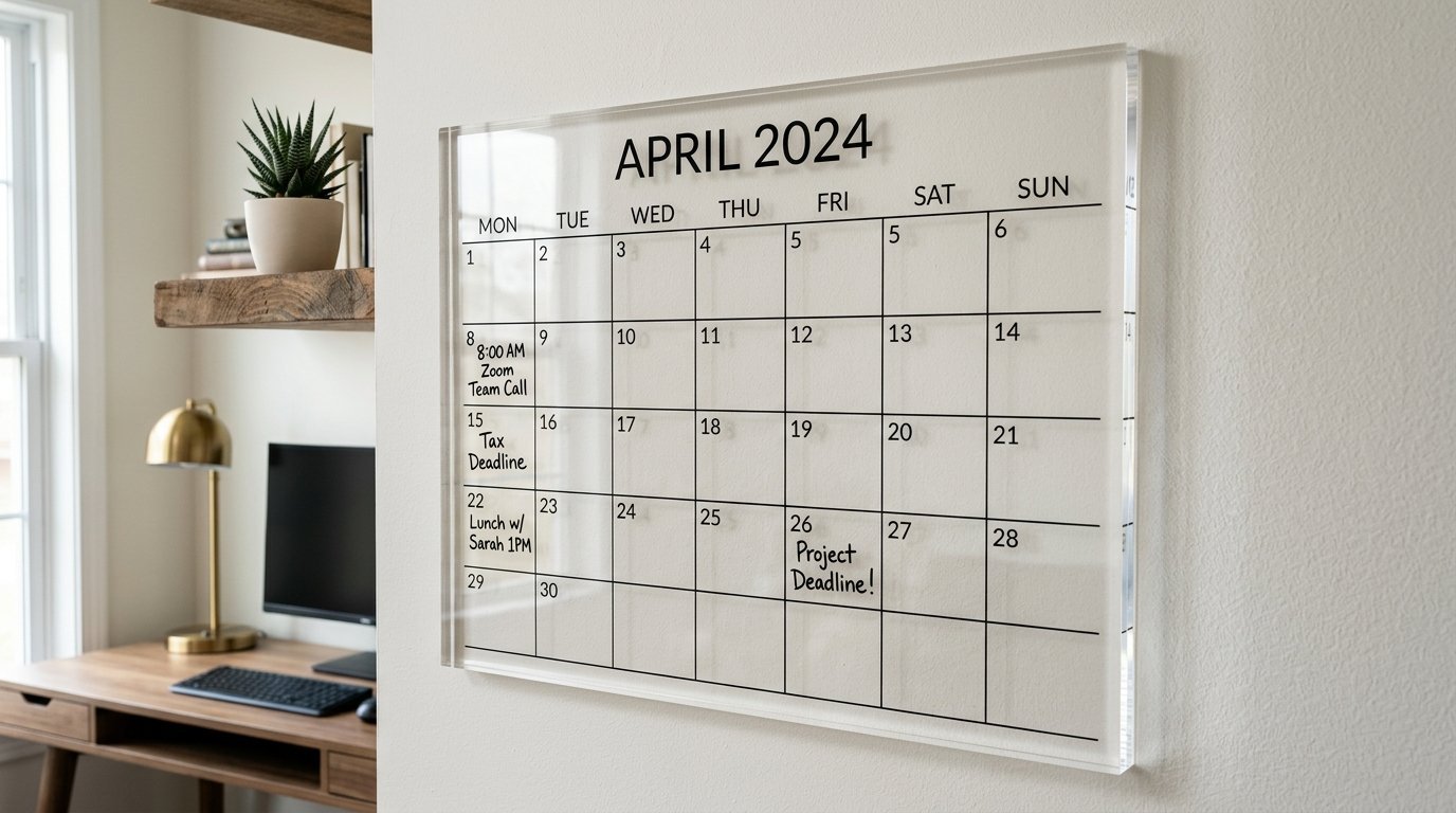 A clear acrylic monthly calendar hangs on a wall above a wooden desk with a computer and succulent plant.