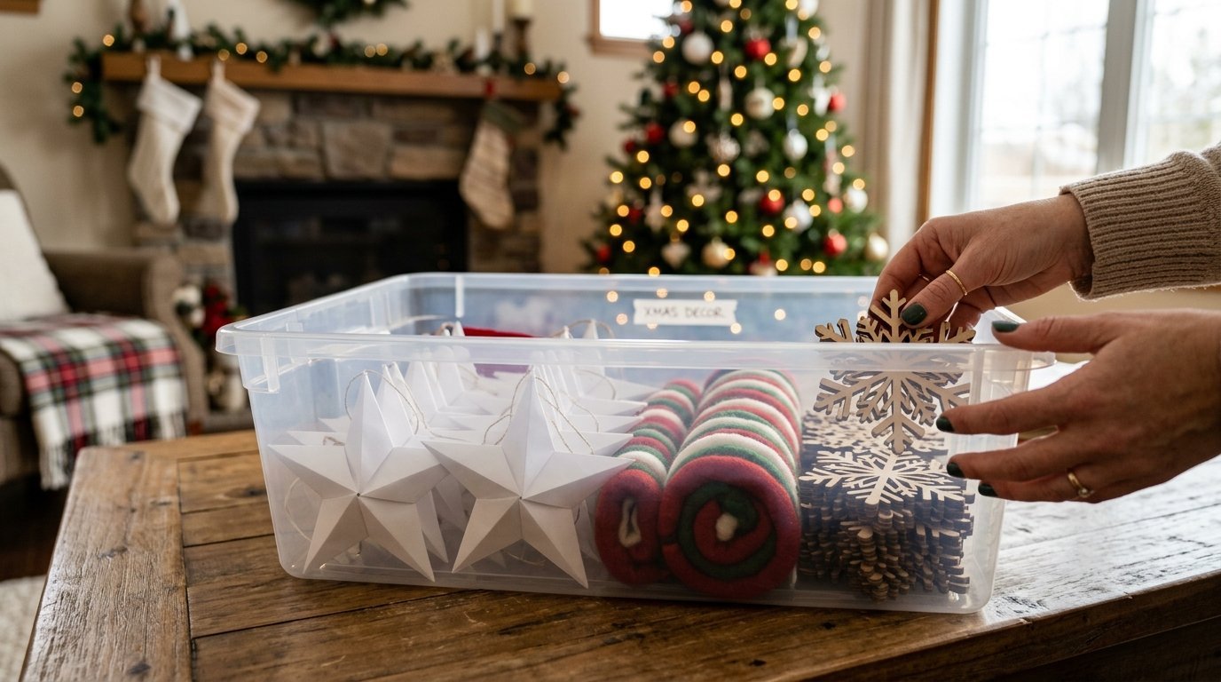 Hands placing wooden snowflake decoration into a clear storage box filled with holiday stars and felt rolls.