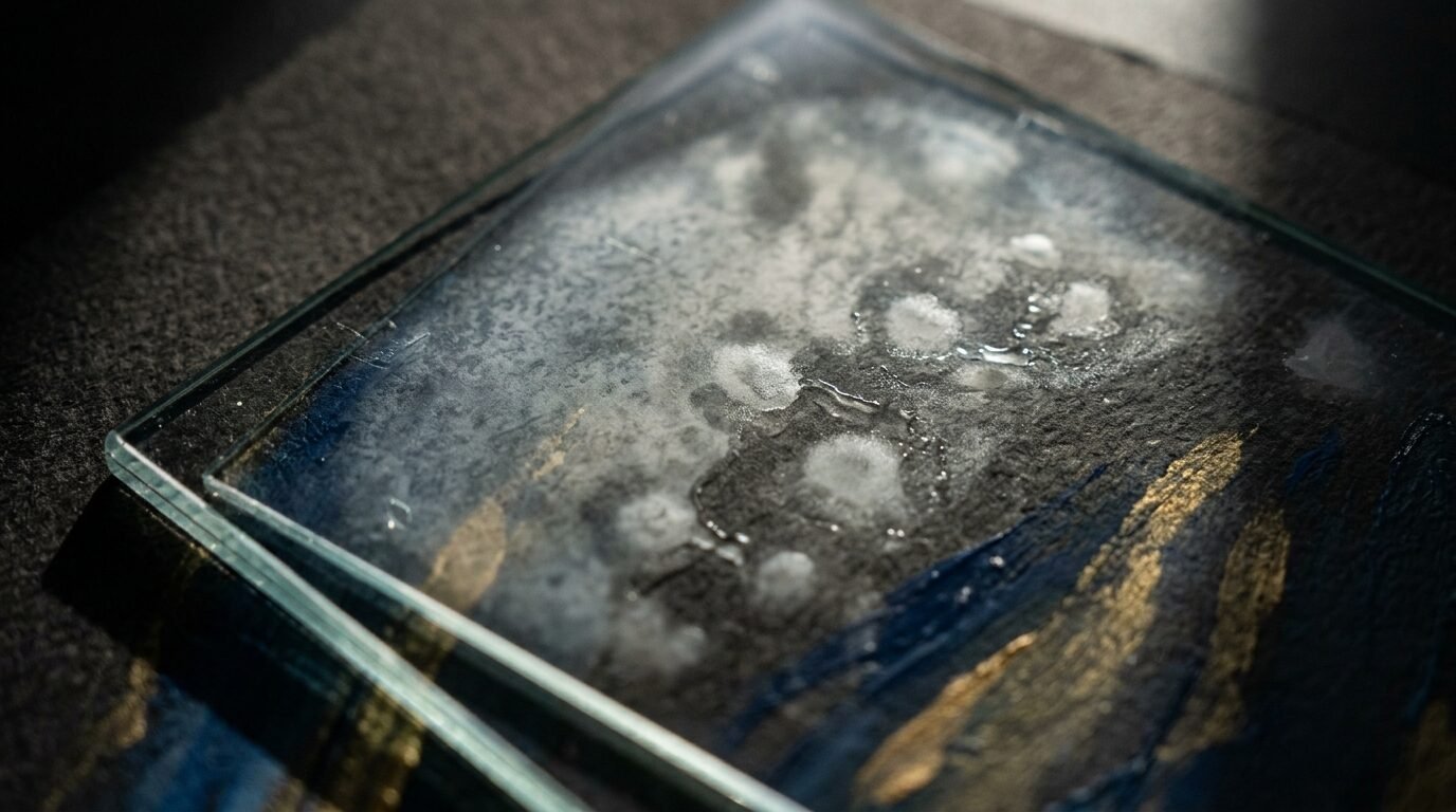 Close-up of a transparent square glass tile placed over dark paper with blue and gold painted accents.
