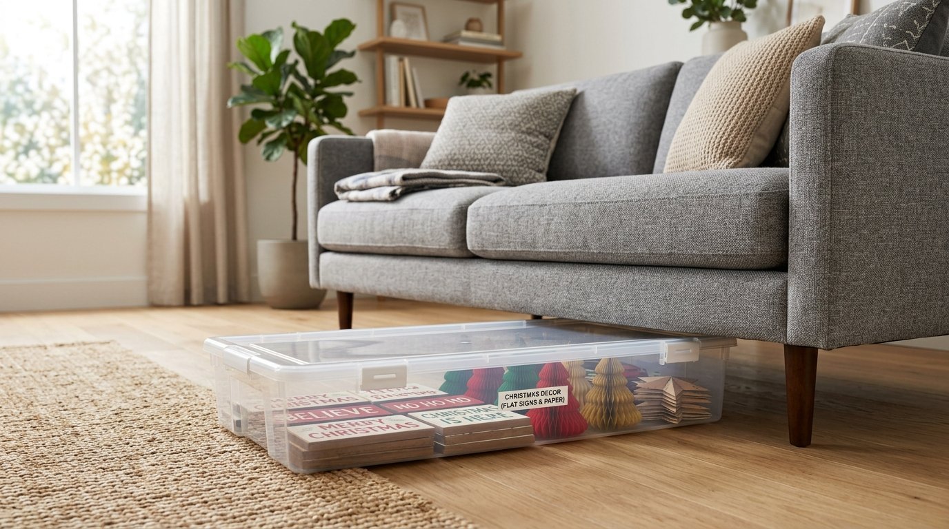Clear plastic bin containing paper Christmas trees and wooden signs stored beneath a grey living room couch.