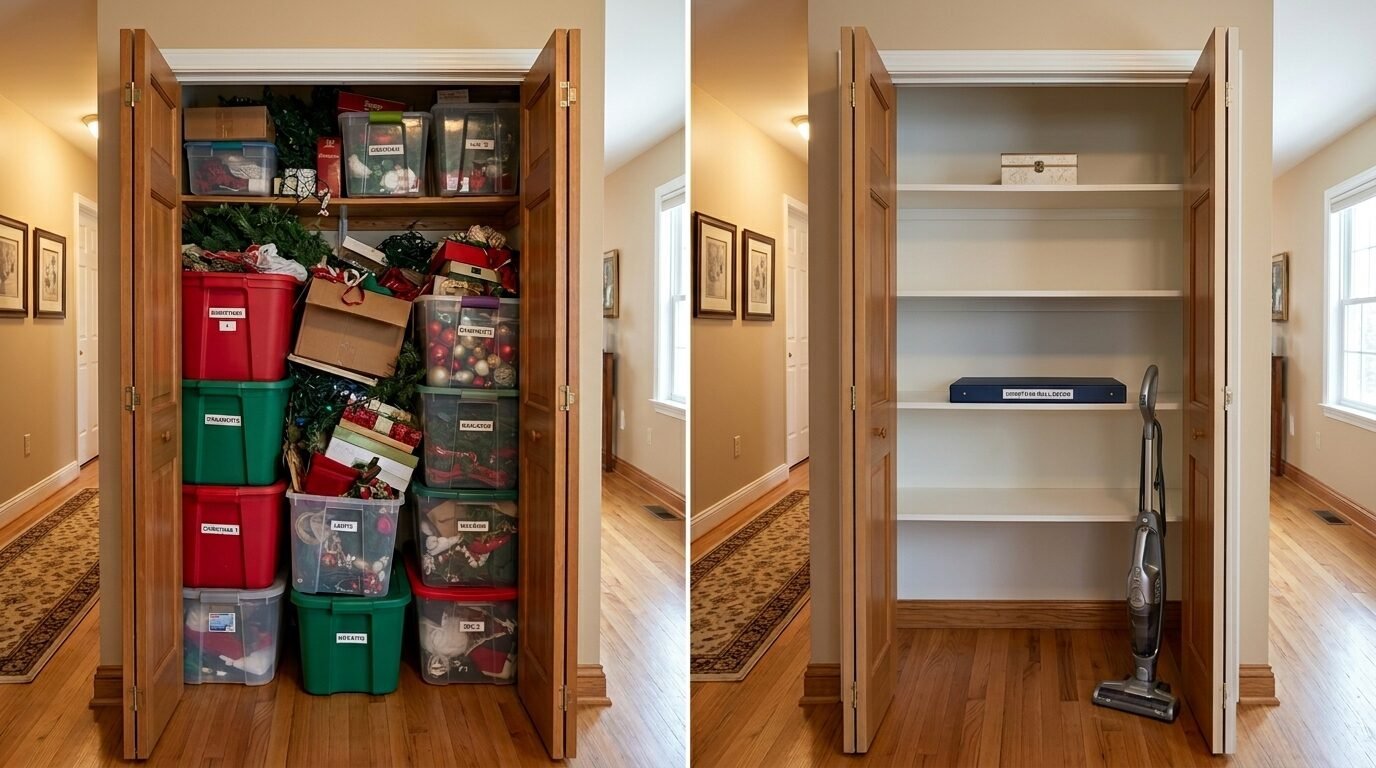 Split screen image of a hallway closet filled with holiday storage bins and the same closet cleaned and empty.