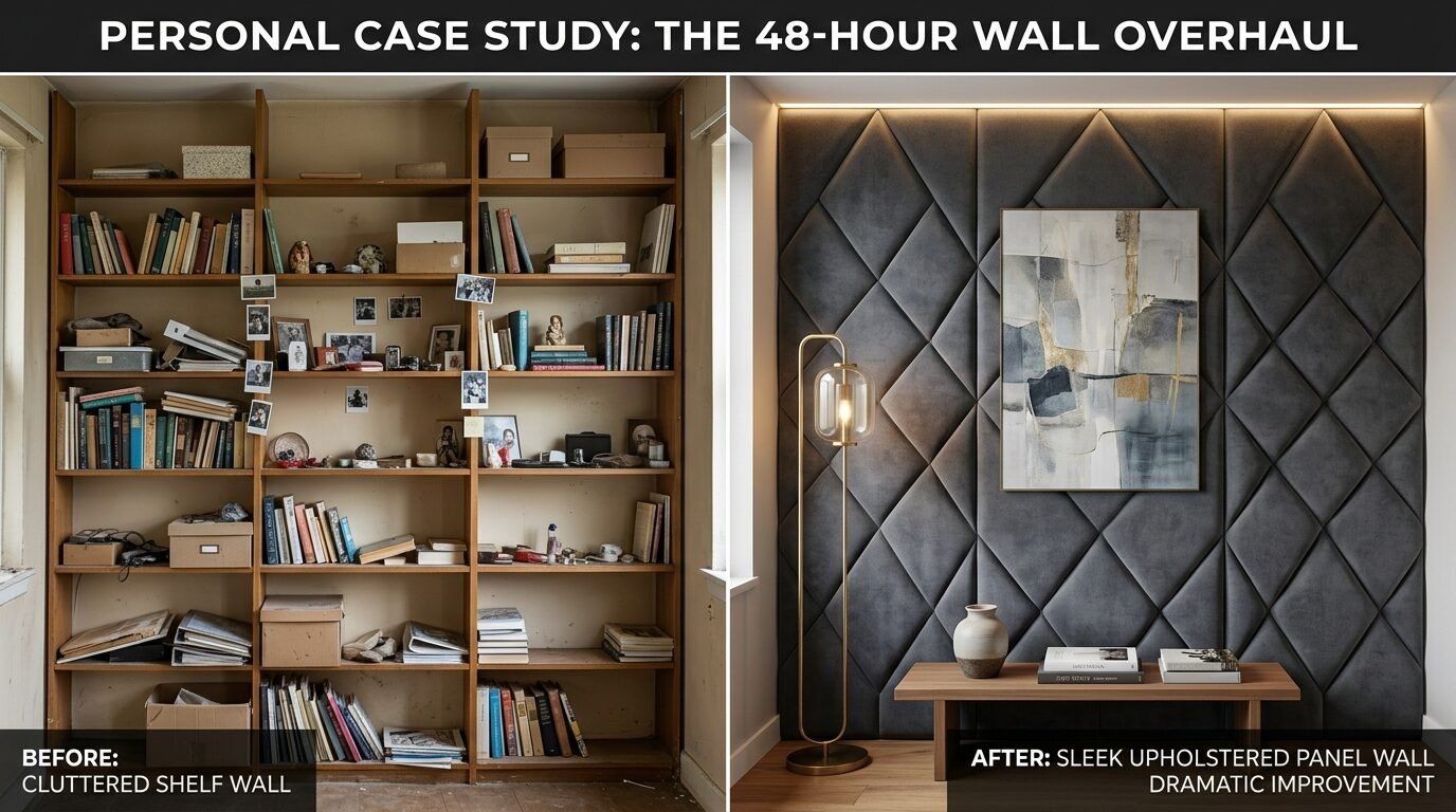 Before and after home renovation showing a messy wooden bookshelf replaced by a luxury grey velvet paneled wall.