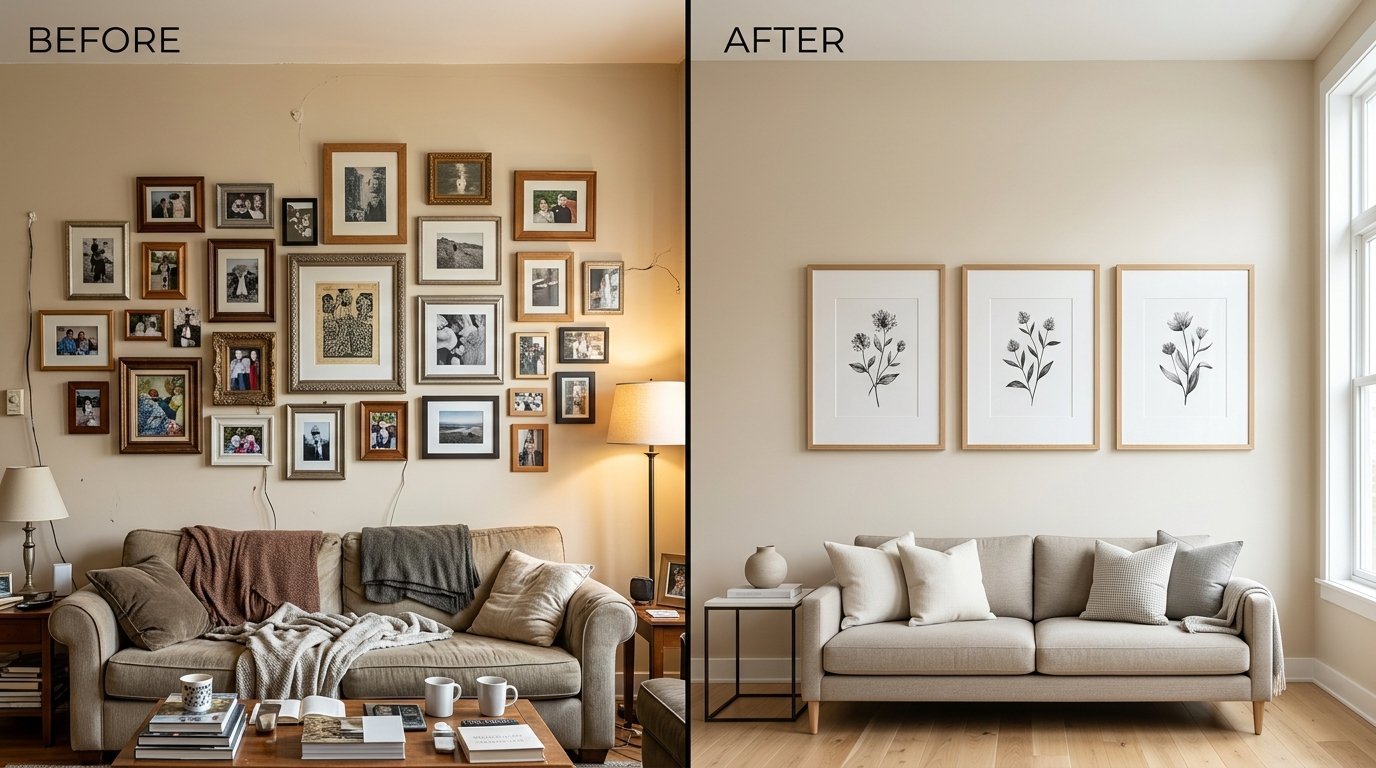 Before and after comparison of a living room wall showing a cluttered gallery wall replaced by three botanical prints.