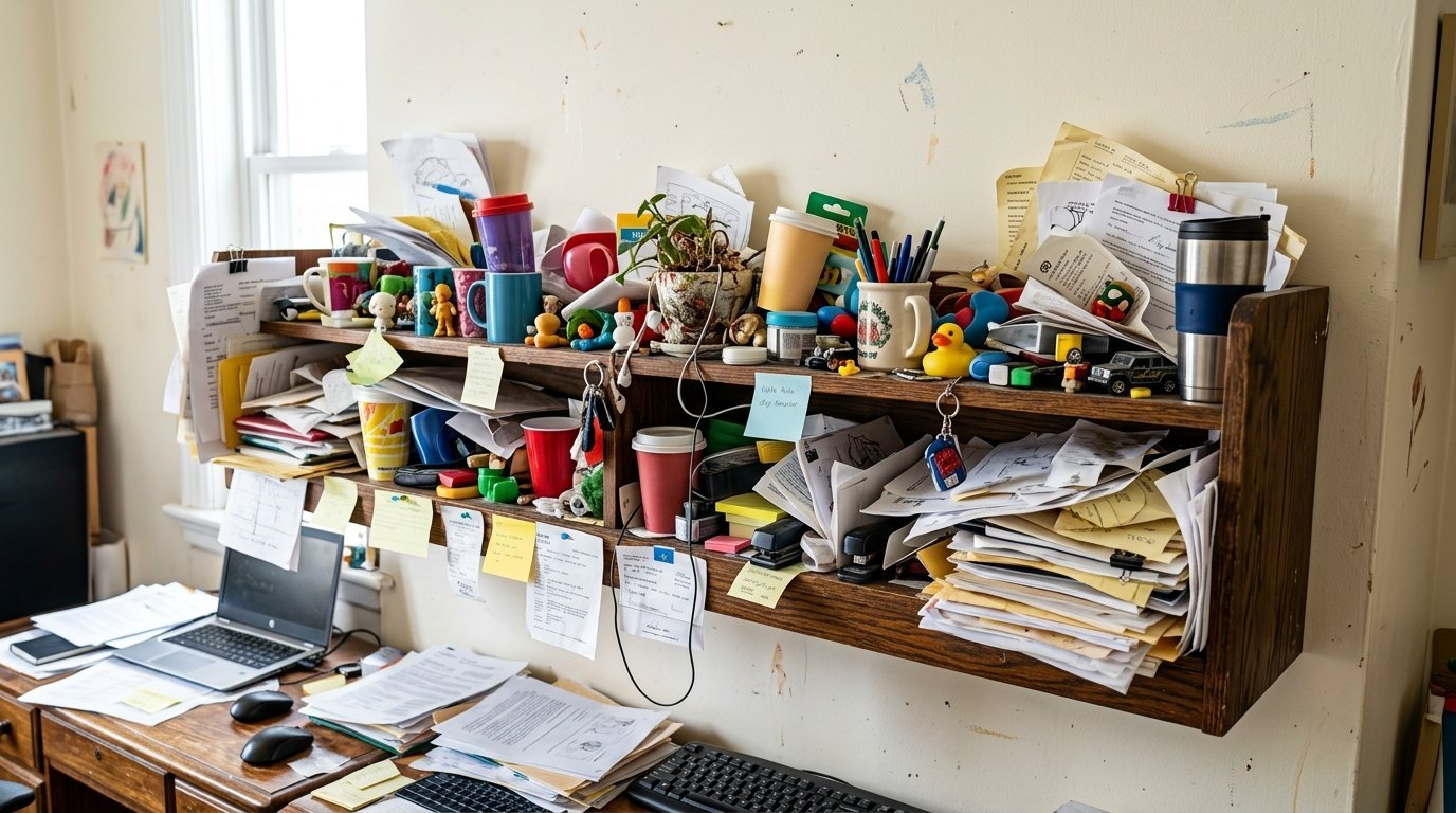 Wooden shelf attached to a wall filled with scattered office papers, various mugs, toys, and miscellaneous items.