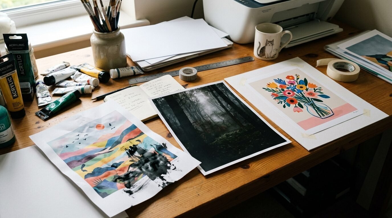 Wooden artist desk with paint tubes, brushes, and three distinct illustrations including a forest and flowers.