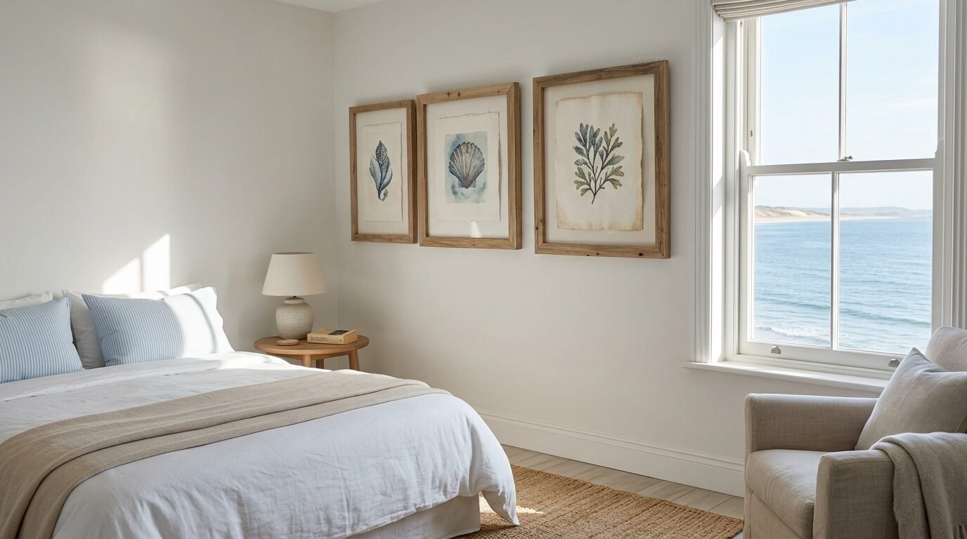 Bright bedroom with three framed nature prints above a bed overlooking a scenic blue sea through a window.