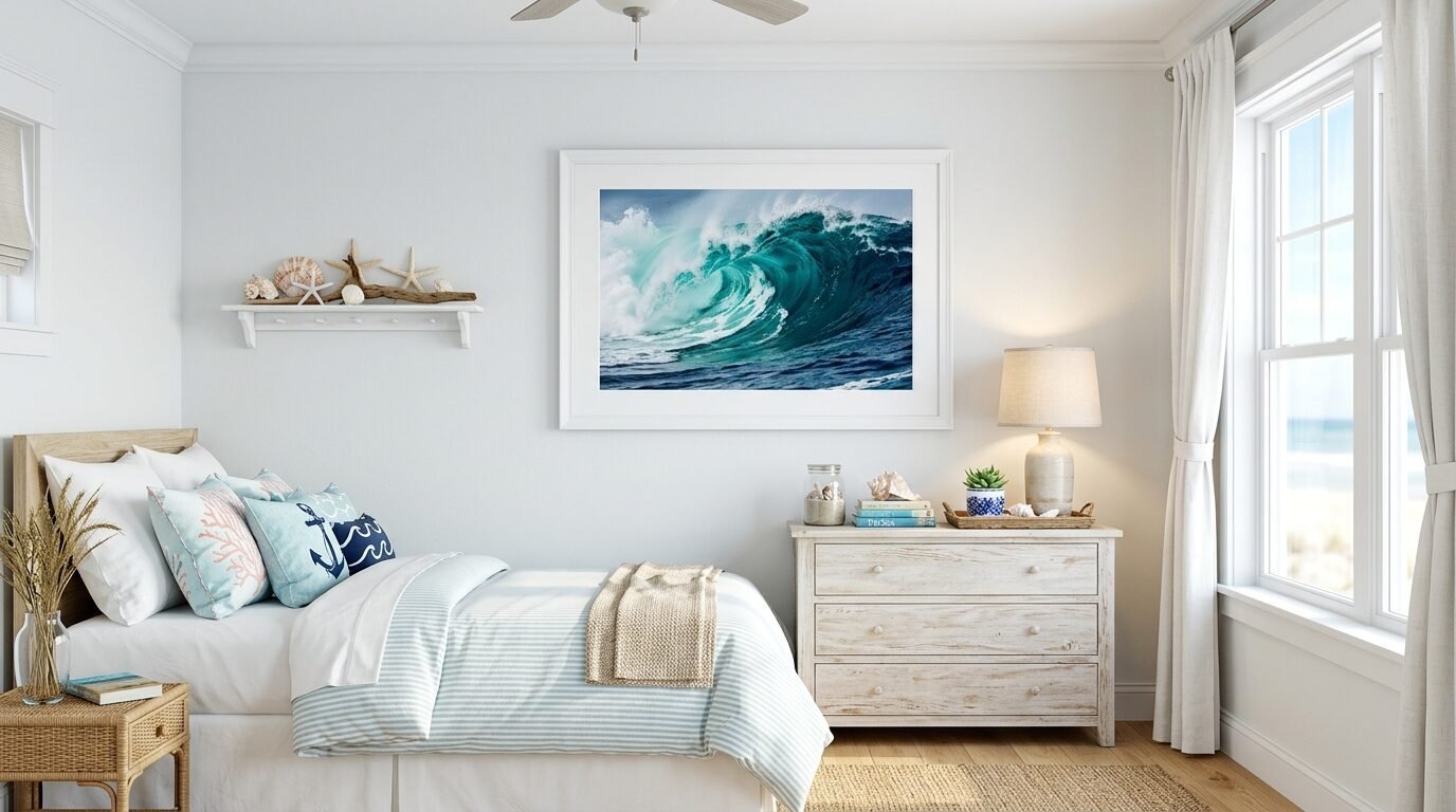 A bedroom wall features a framed print of a turquoise crashing wave above a rustic white dresser.