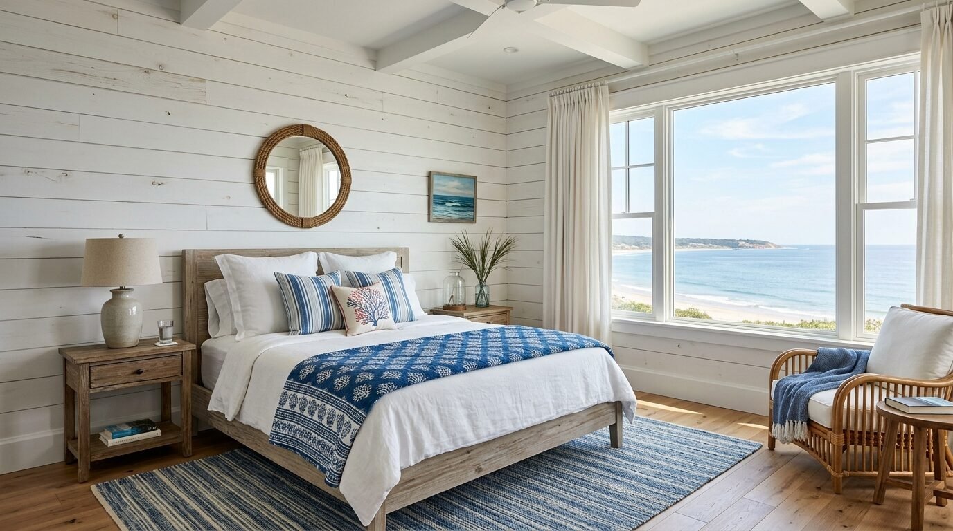 Beach house master bedroom with shiplap walls, a wooden bed, and large windows overlooking the sea.