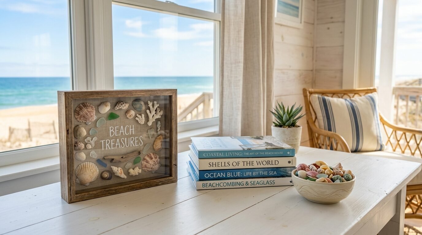 A wooden shadow box labeled Beach Treasures sitting beside a stack of nature books and a bowl of seashells by a window.