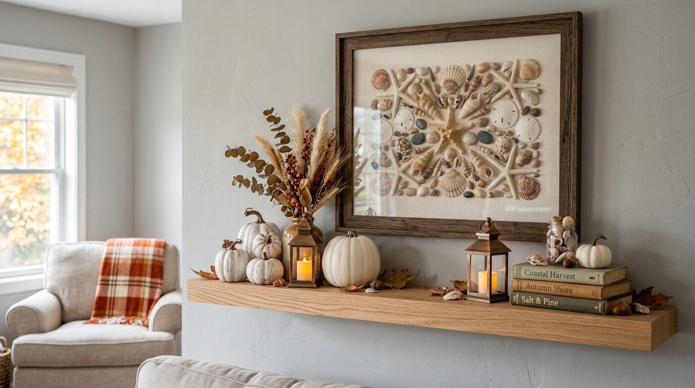 Wooden shelf decorated with small white pumpkins, lanterns, dried wheat, and a framed seashell art display.