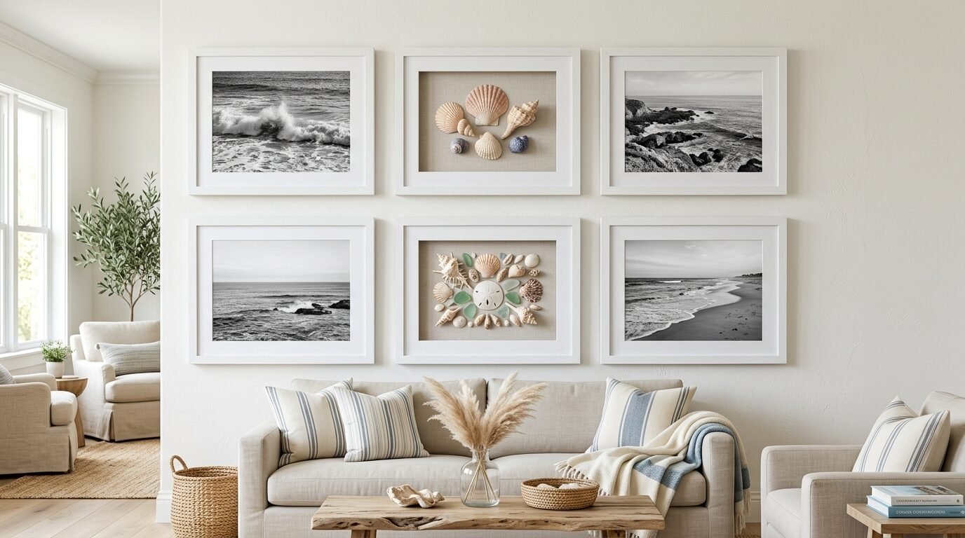 Neutral living room with a symmetrical gallery wall of ocean photography and framed seashell displays.