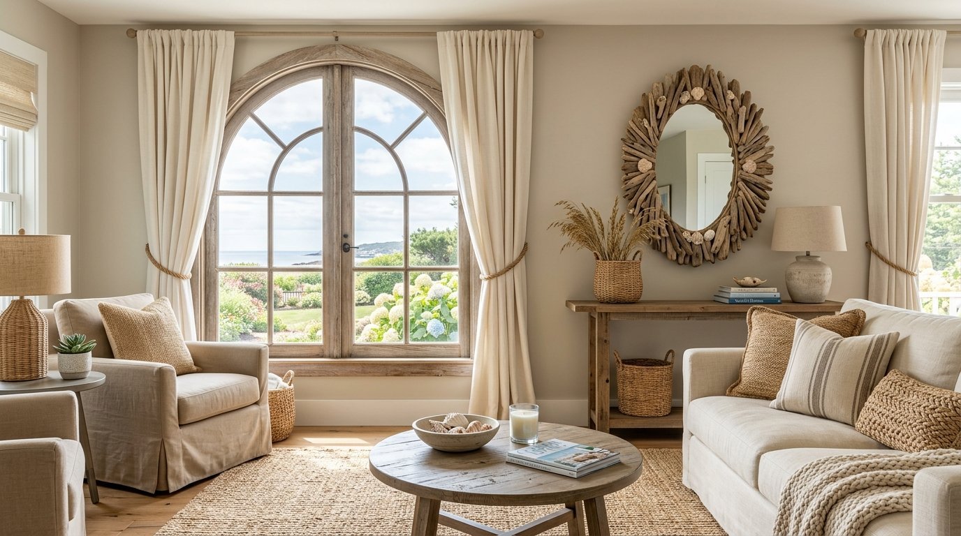 Neutral living room with an arched window, driftwood mirror, and beige furniture overlooking a garden and ocean.