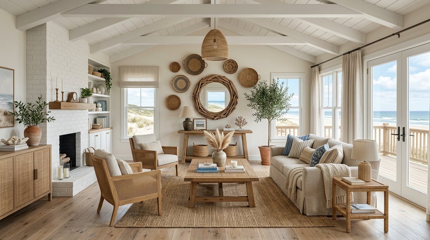 Spacious coastal living room with a white fireplace, natural wood furniture, and wicker wall decor.