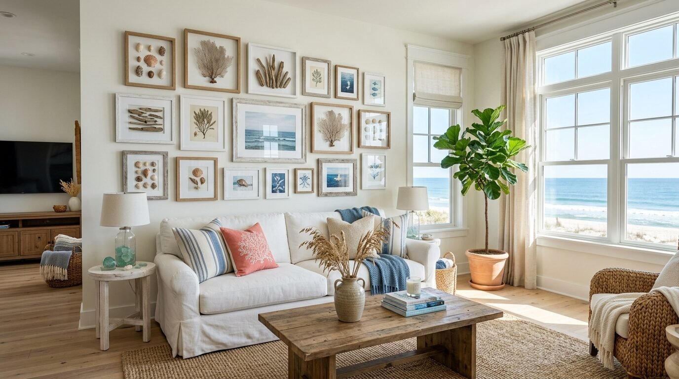 A sunlit coastal living room featuring a white sofa, driftwood gallery wall, and large windows overlooking the ocean.