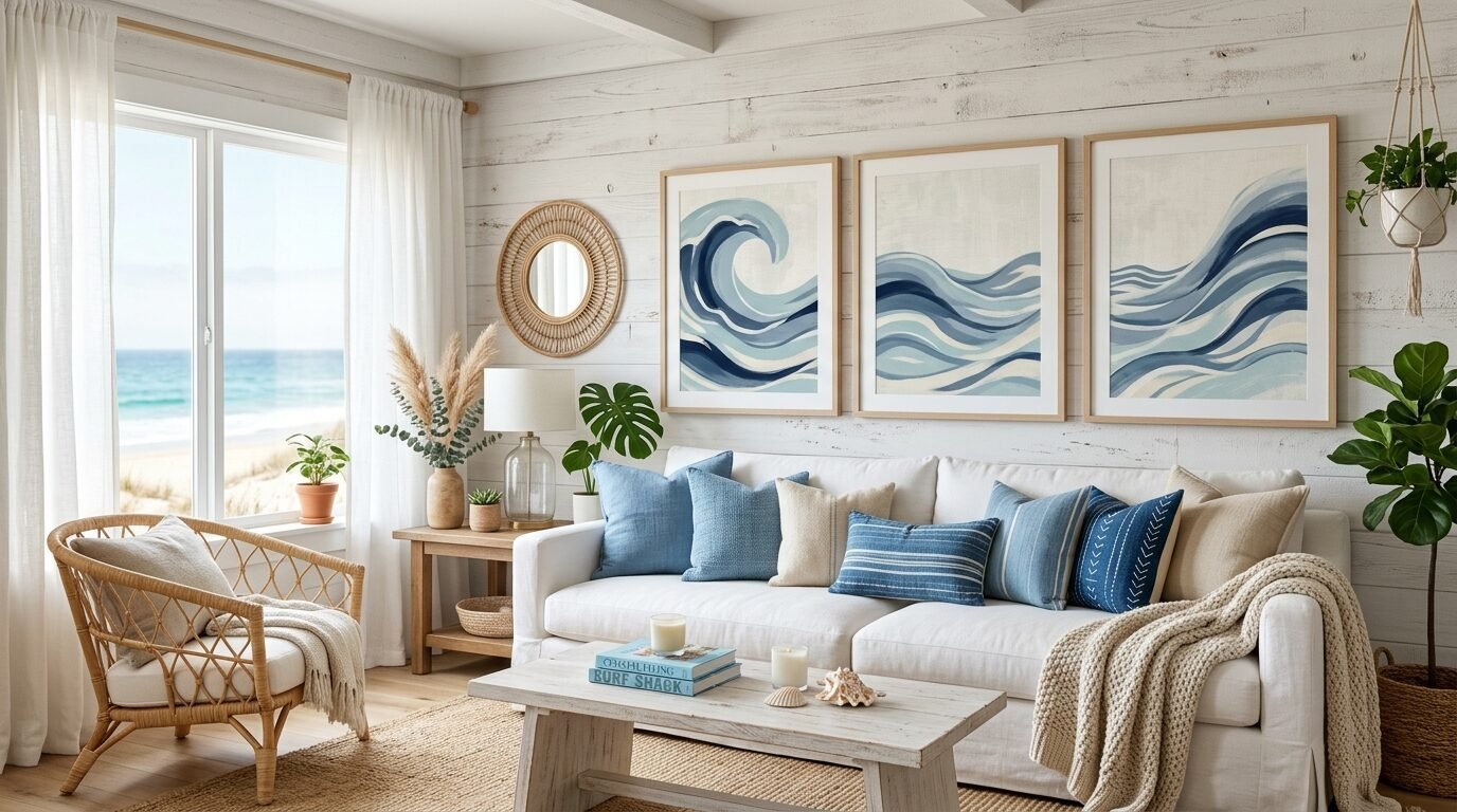 Bright coastal living room with white walls, linen sofa, and three framed blue wave paintings above it.
