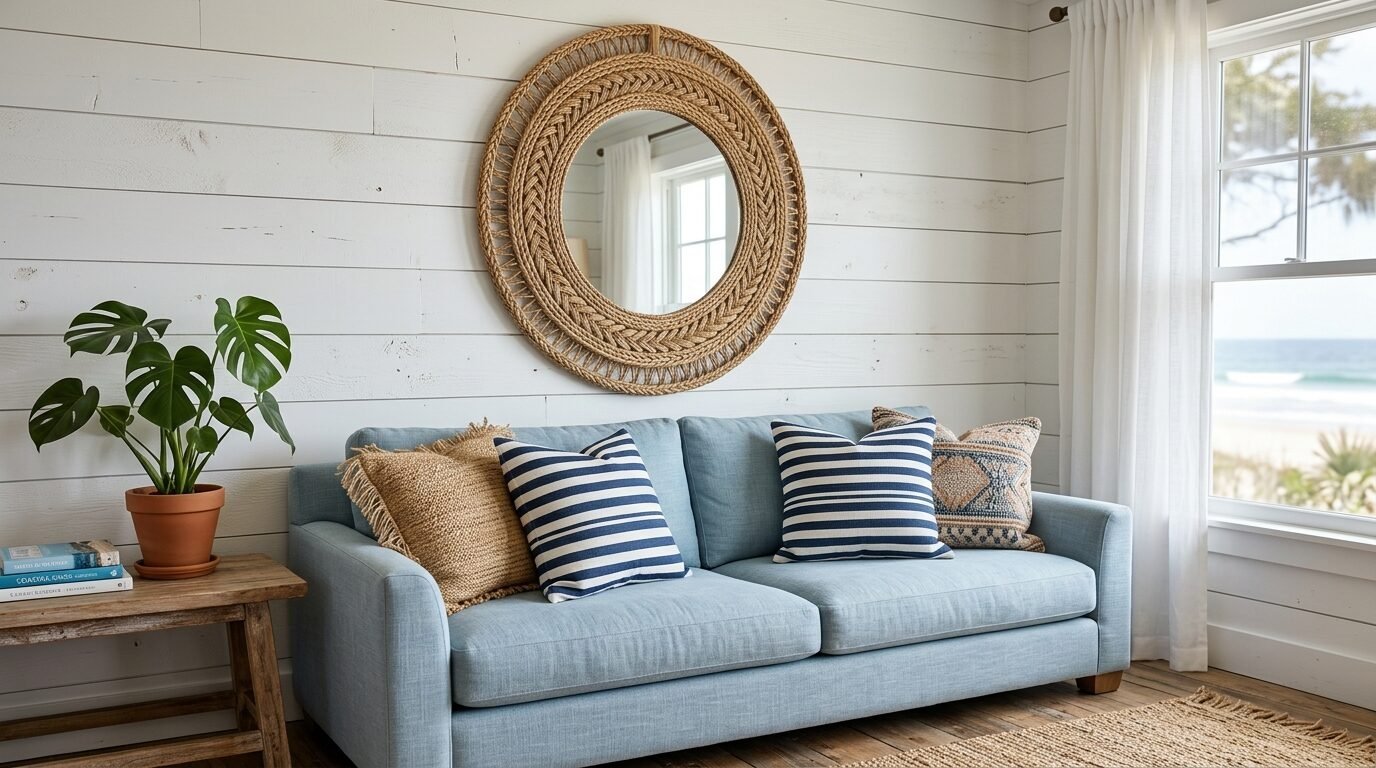 A light blue couch decorated with striped pillows sits before a white shiplap wall with a round woven mirror.