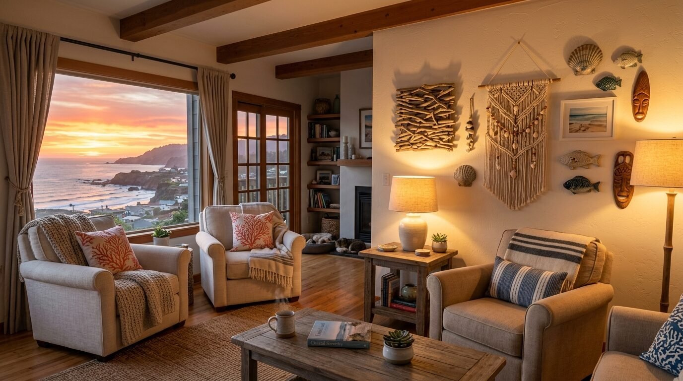 A warm living room featuring beige armchairs, coastal wall art, and a large window with a view of an ocean sunset.