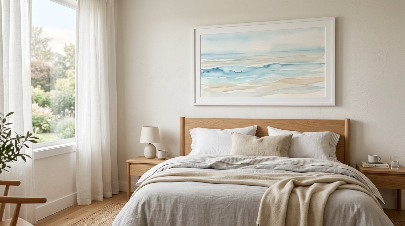 A serene bedroom featuring a white framed seaside painting hanging over a wooden headboard and light grey bedding.