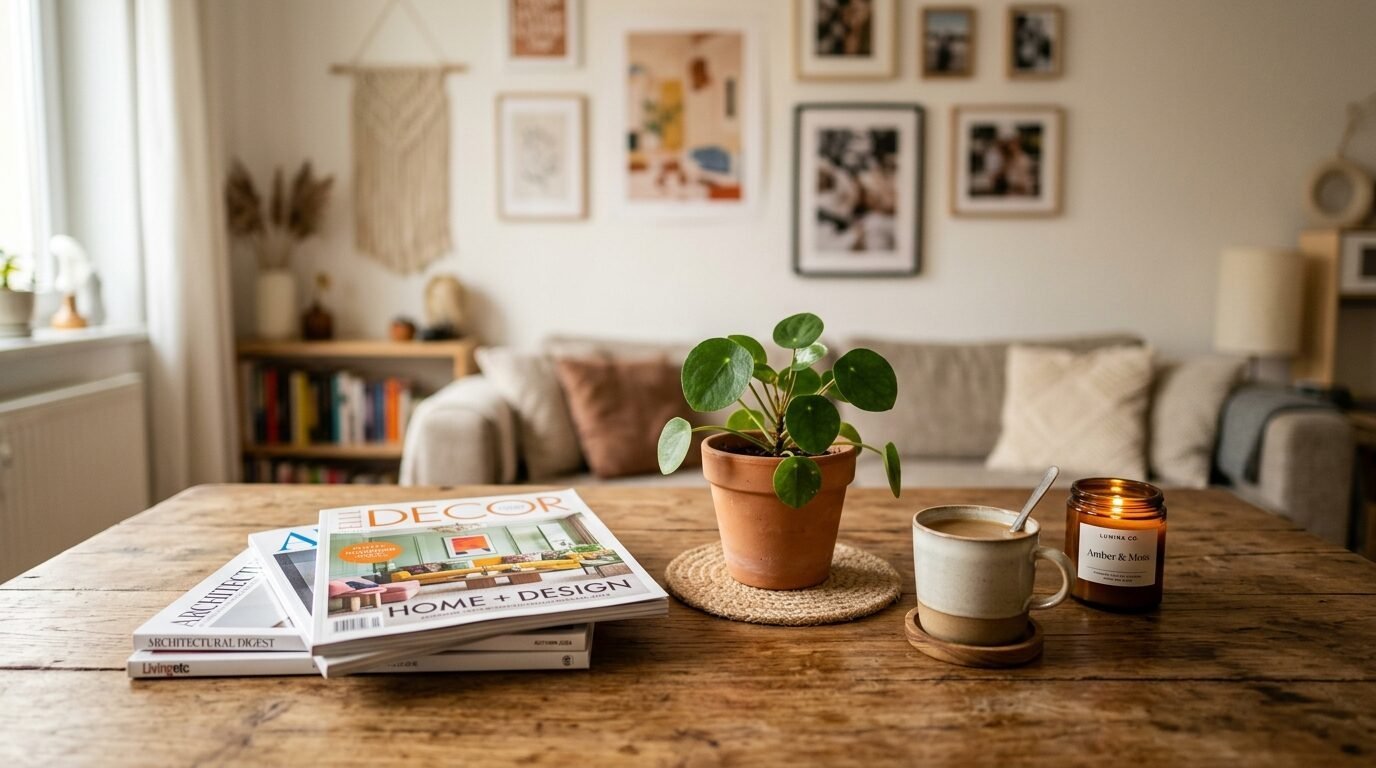 Pilea plant in terra cotta pot, coffee mug, and design magazines on rustic wood table in blurred living room.
