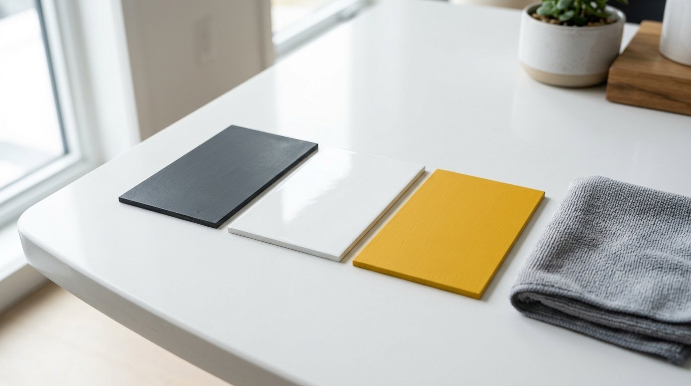 Black, white, and yellow rectangular samples resting on a white table beside a folded grey cloth.
