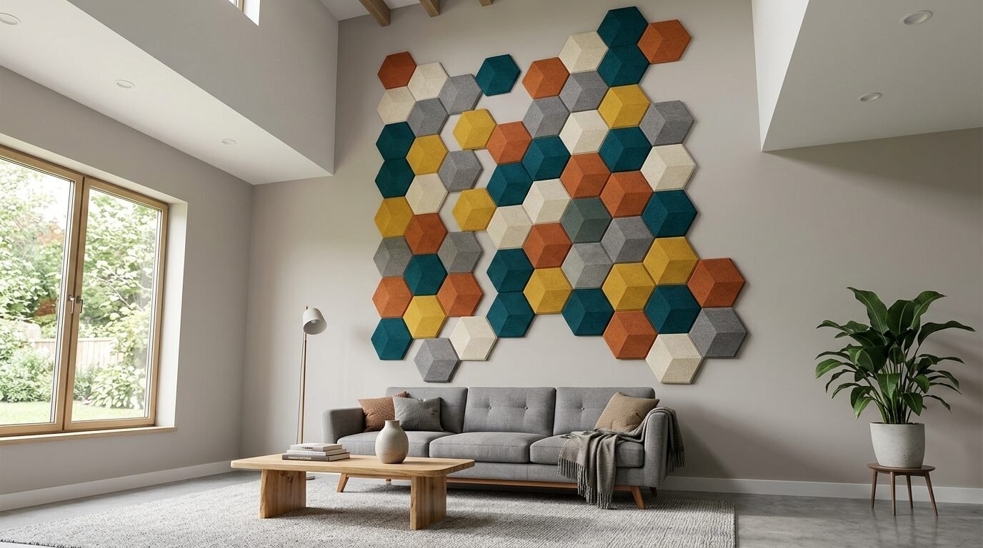 Multicolor 3D hexagon acoustic tiles arranged in a creative pattern above a grey fabric sofa.