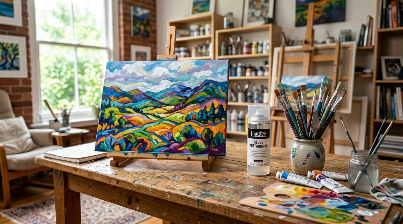 A colorful painting of rolling hills sits on an easel next to paint brushes and art supplies on a desk.