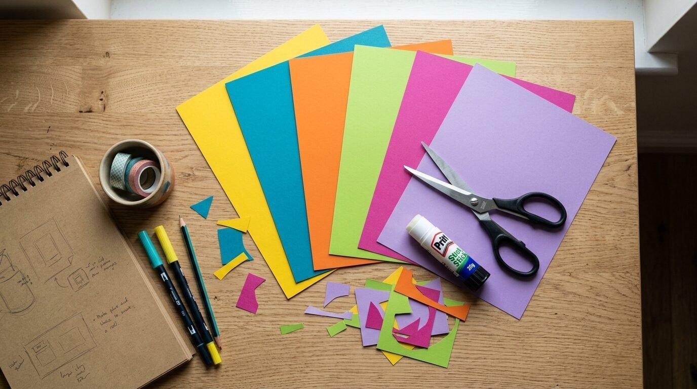 Colorful cardstock, scissors, glue, and markers arranged on a light wooden table.