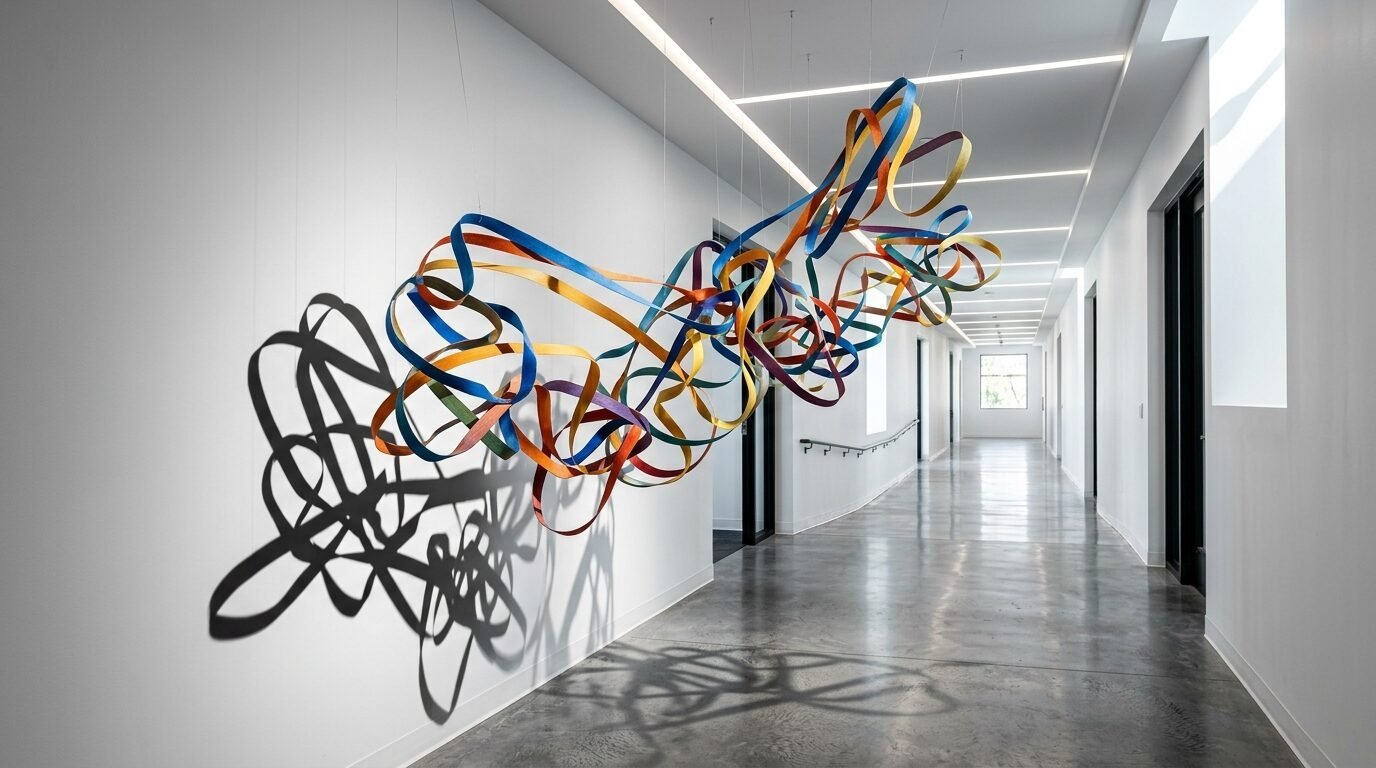 Colorful intertwined ribbon structure hanging in a modern white office hallway.