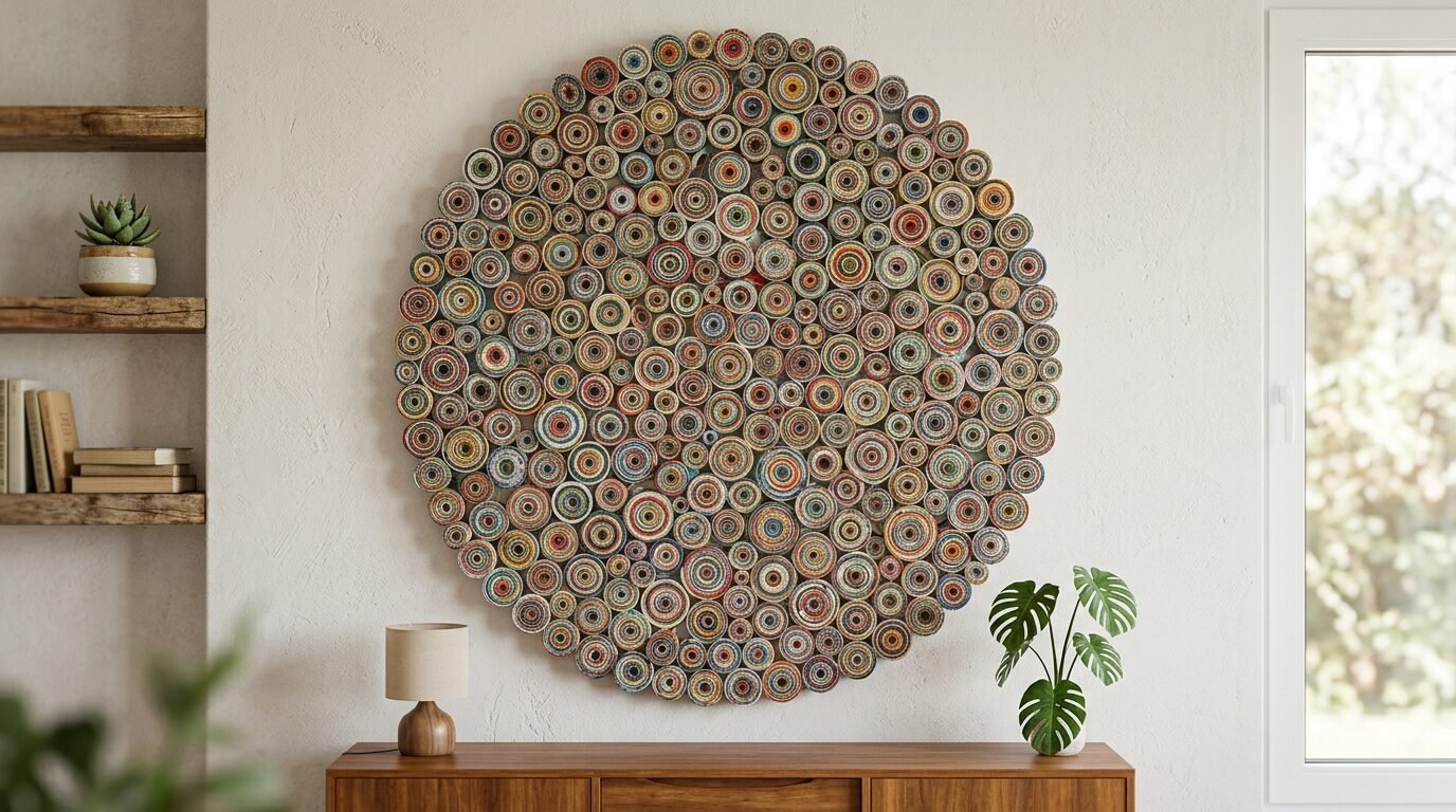 Round wall decor featuring a mosaic of many small multicolored circular paper rolls mounted on a white wall.