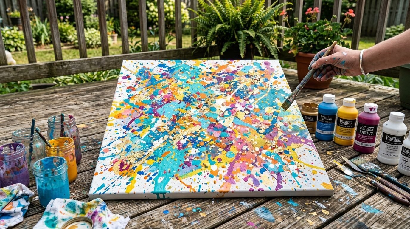 A hand holding a paintbrush above a canvas covered in colorful paint splashes with acrylic bottles nearby.