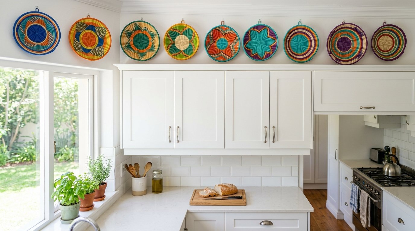 Nine colorful circular woven baskets hung on the wall above white cabinets in a bright, modern kitchen.