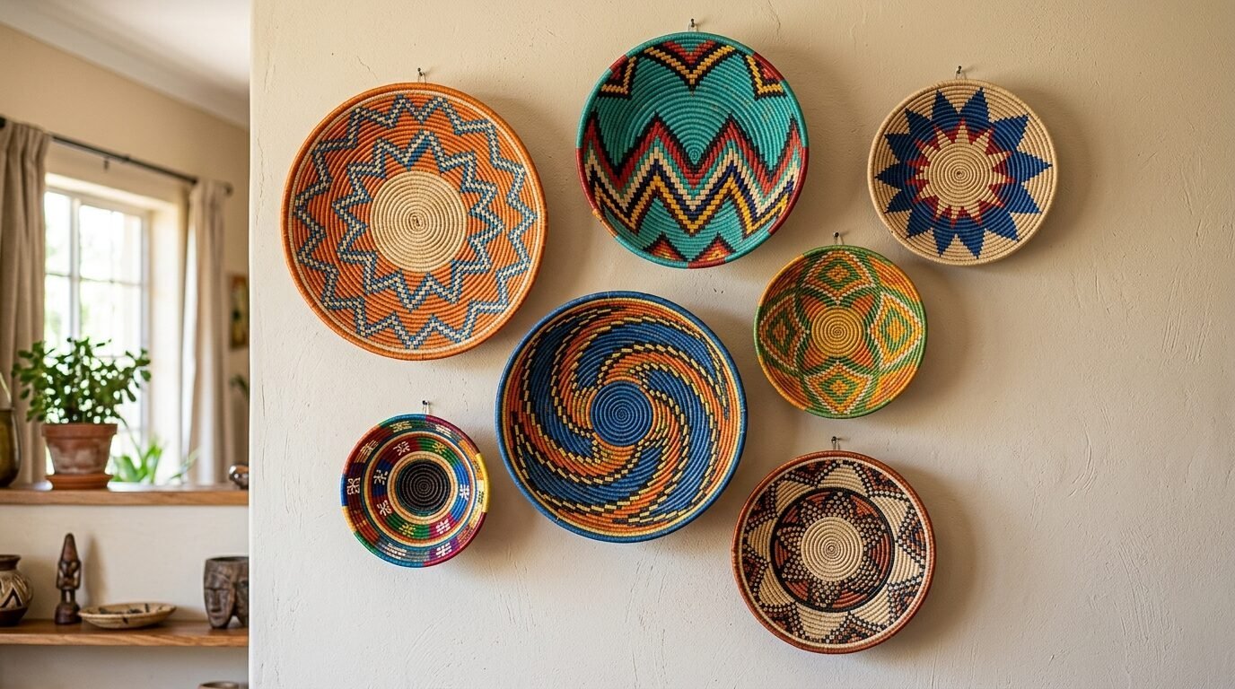 Several circular woven baskets with diverse geometric patterns displayed as wall art.