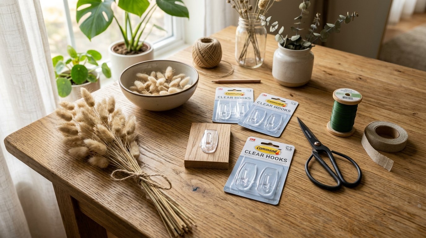 Packages of clear adhesive hooks arranged on a wooden table with dried bunny tail grass and florist tools.