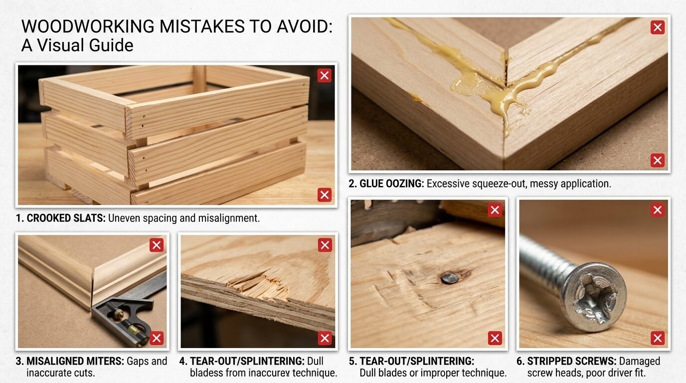 An infographic showing examples of crooked slats, excess glue, miter gaps, wood tear-out, and stripped screw heads.