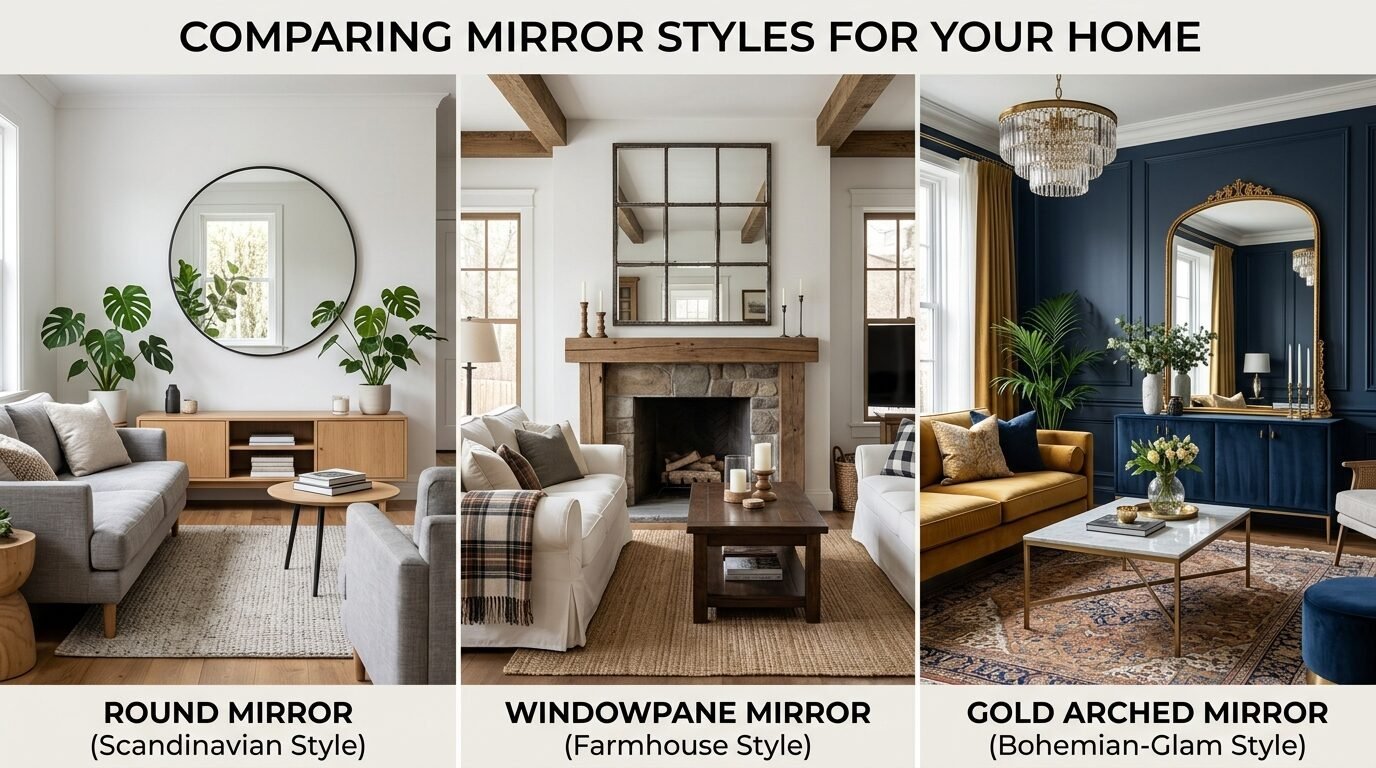 A comparison graphic showing living room interiors styled with round, windowpane, and arched gold mirrors.