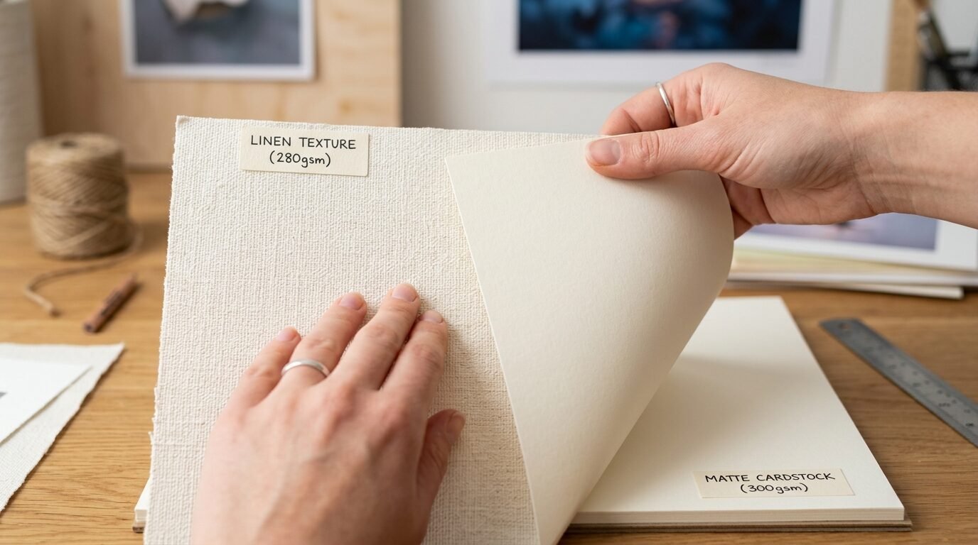 A person comparing a linen textured paper swatch with a smooth 300gsm matte cardstock sample.